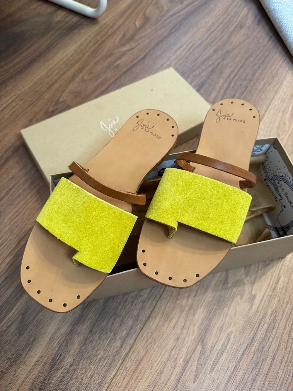 Joie Bright Yellow Suede Slide Sandals with Tan Straps NWT size 40